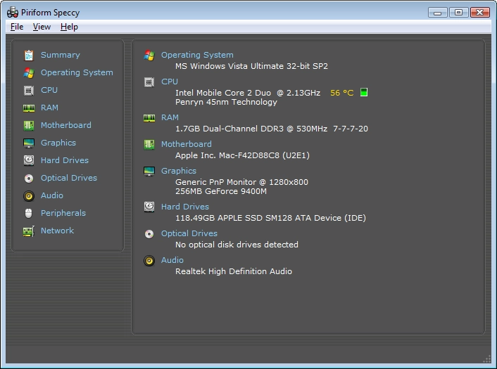 Speccy first opens with a complete summary of all the hardware in your computer.