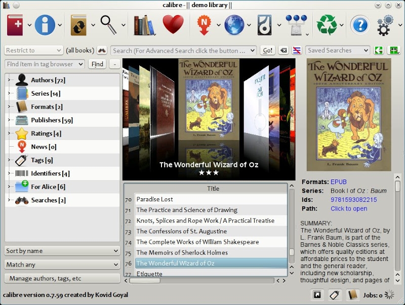 The main calibre interface, showing books in your library.