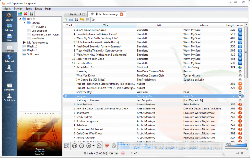 Playlist tab, while listening to songs from multiples Internet services