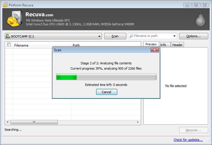 Scanning drive for deleted files - showing the numbered of files found and the percentage completed.