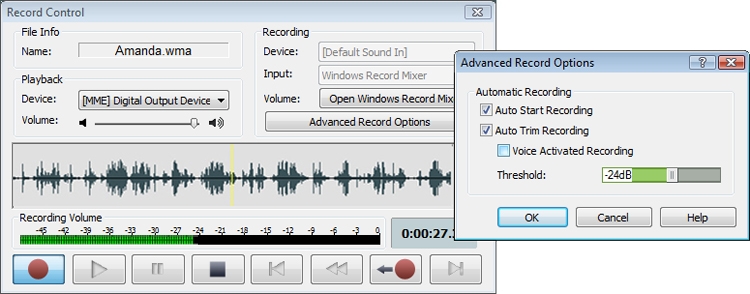 WavePad includes a sound recorder that supports autotrim and voice activated recording.