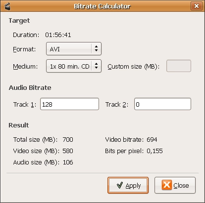 Bitrate/size calculator