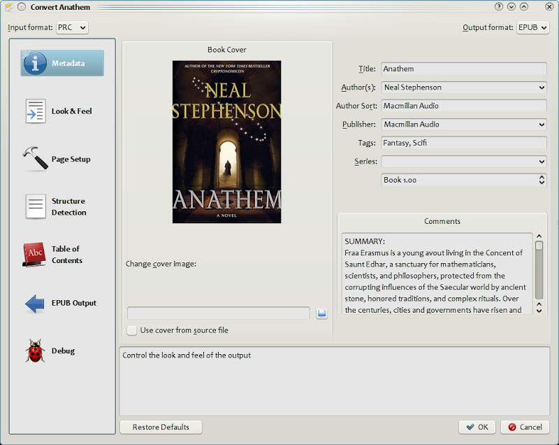 E-book conversion dialog. calibre supports conversion from many formats to many other formats.