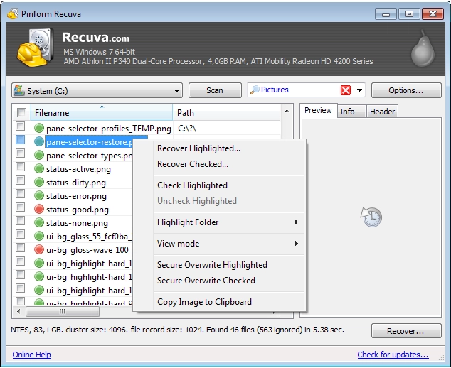 Results of a scan in a list view - sortable by column and searchable through a custom filter. There is also a preview of any images in the right panel.