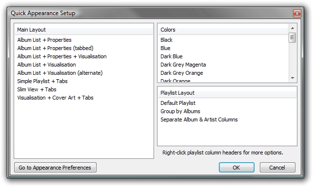 Quick Appearance Setup dialog