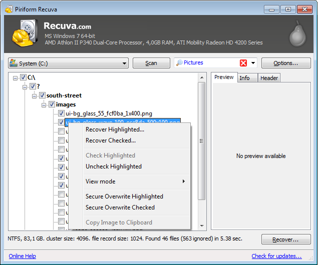 Selecting files to recover in tree view. A hierarchical approach to recovery, similar to Windows Explorer.