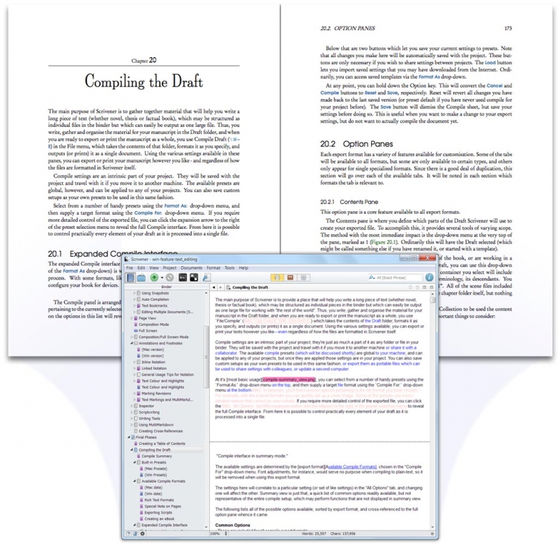 Scrivener provides access to all the features of a full rich text editor: add tables, bullet points and images and format your text however you want using the format bar at the top of the page.