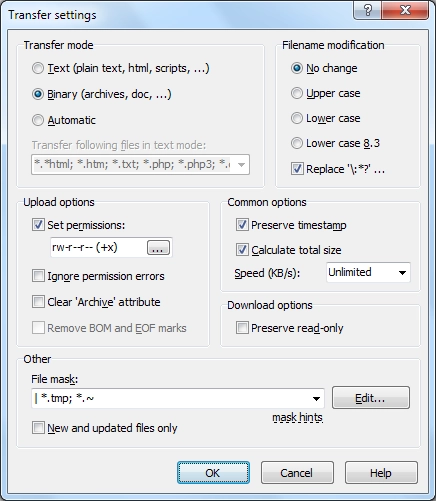 Window for Setting Transfer Options