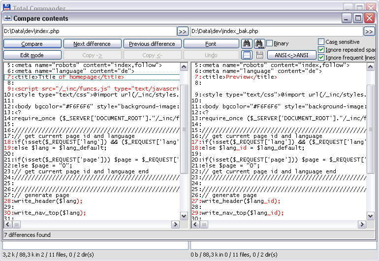 Compare by contents editor