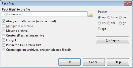 Pack files dialog