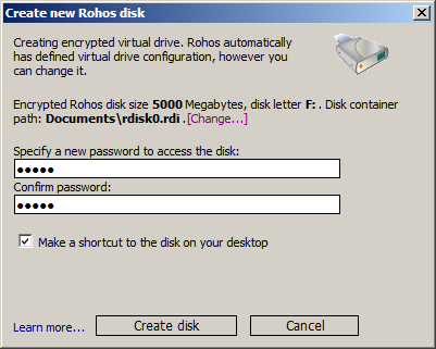 Create disk dialog window