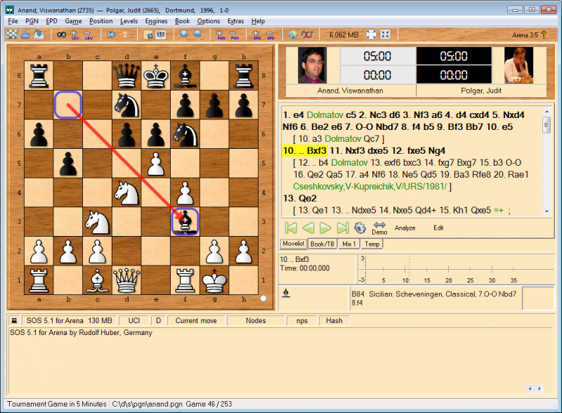 Arena Chess Graphical User Interface. The game board show