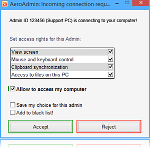 Remote admin connection request window