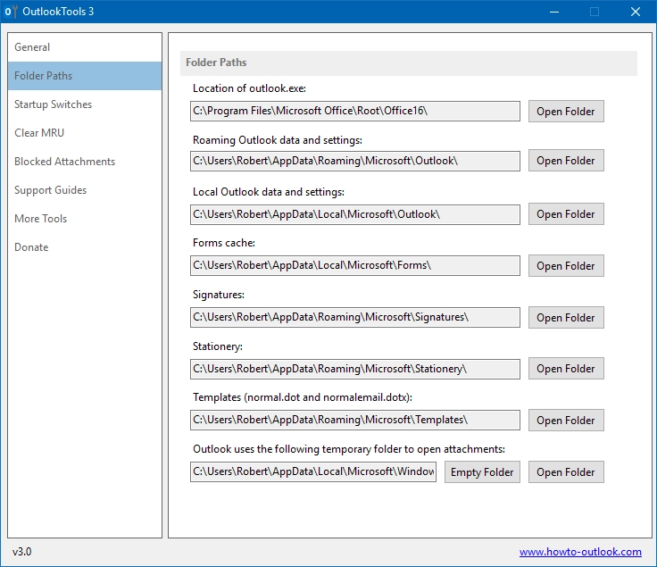 The Folder Paths tab provides you easy access to various important folders which Outlook uses.