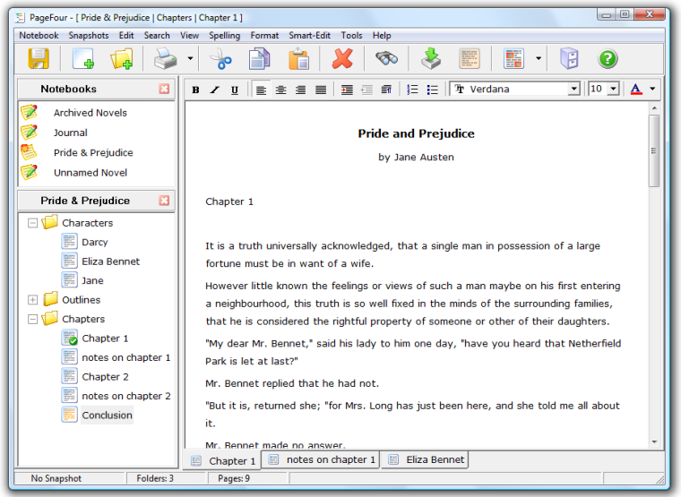 Main Window - Notebooks, outliner, and word processor