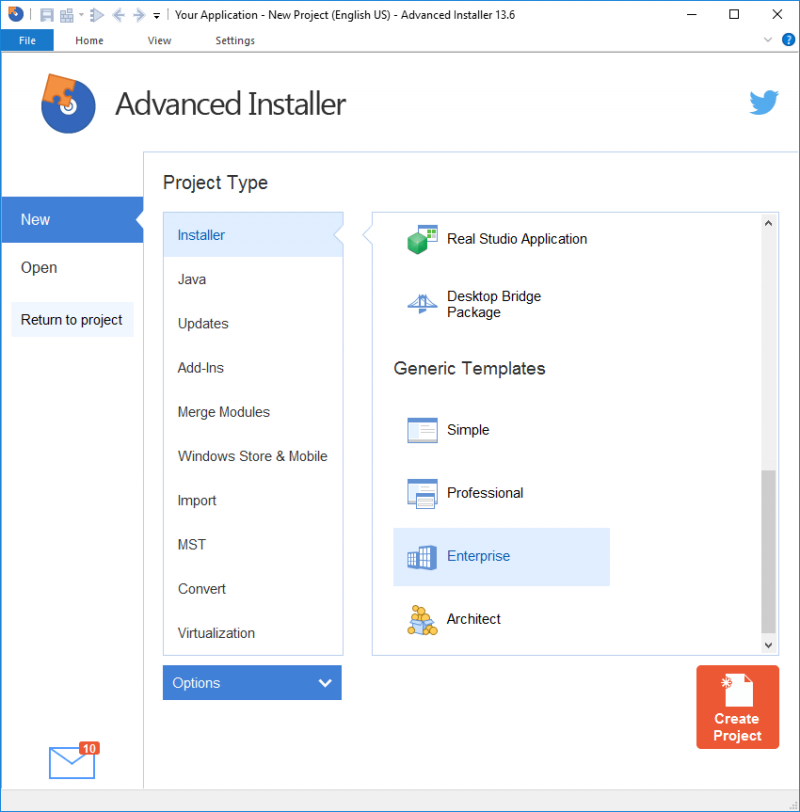 Creating a new Advanced Installer project