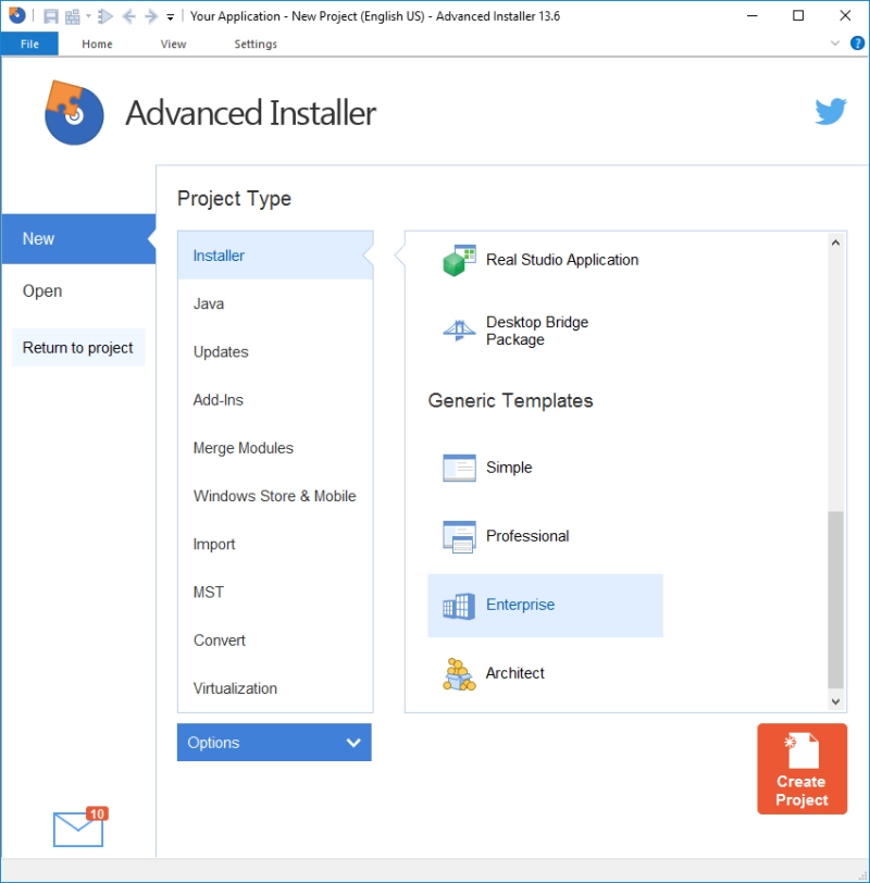 Creating a new Advanced Installer project