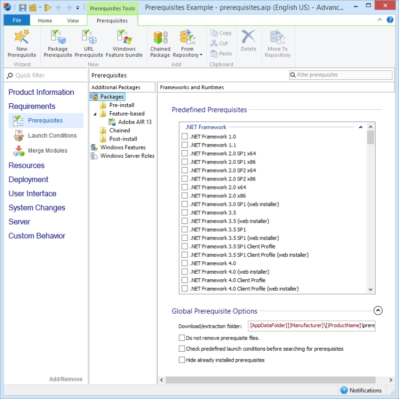 Specifying installation prerequisites