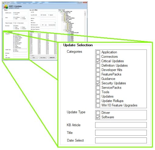 Select update categories, date range, KB Article ID's and update title