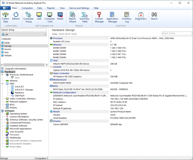 Receiving information on hardware of computers over the network