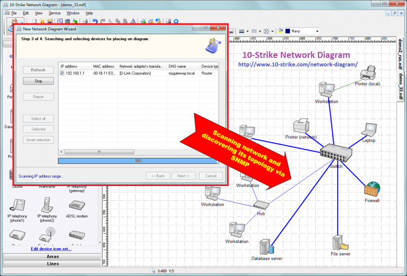 Scanning and discovering network topology via SNMP, creating network diagrams