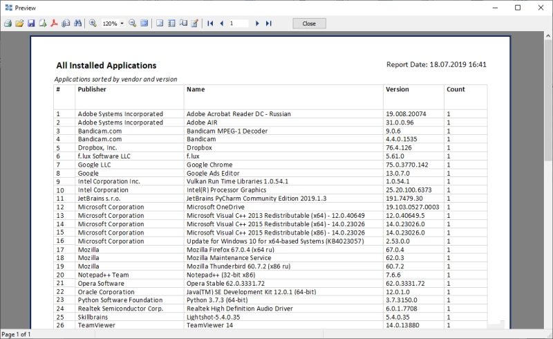 The program has many ready reports on computer hardware and software and has a built-in Report Designer