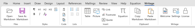 Writage tab on Microsoft Word ribbon