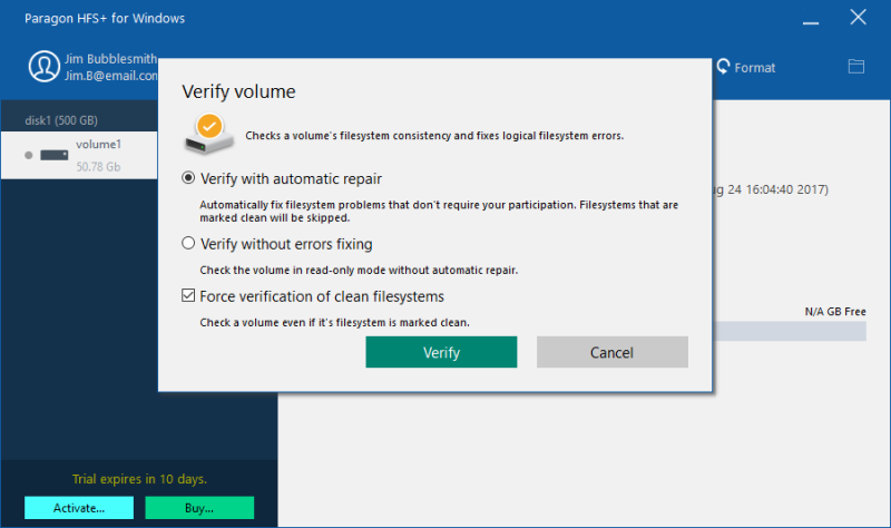 Check the integrity of HFS+ partitions to fix errors and view status report